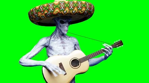 Funny alien plays on acustic guitar. Realistic motion and skin shaders. 4K green Stock Footage 82547463