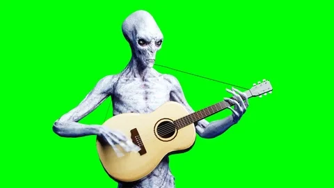 Funny alien plays on acustic guitar. Realistic motion and skin shaders. 4K green Stock Footage 82547504