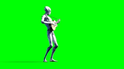 Funny alien plays on acustic guitar. Realistic motion and skin shaders. 4K green Stock Footage 82547564