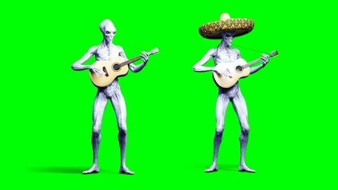 Funny alien plays on acustic guitar. Realistic motion and skin shaders. 4K green Stock Footage 82552604