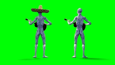 Funny alien plays on acustic guitar. Realistic motion and skin shaders. 4K green Stock Footage 82552611