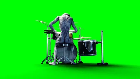 Funny alien plays on drums. Realistic motion and skin shaders. Stock Footage 82548072