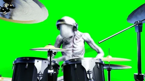 Funny alien plays on drums. Realistic motion and skin shaders. Stock Footage 82548276