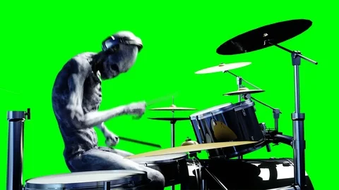 Funny alien plays on drums. Realistic motion and skin shaders. Stock Footage 82548444
