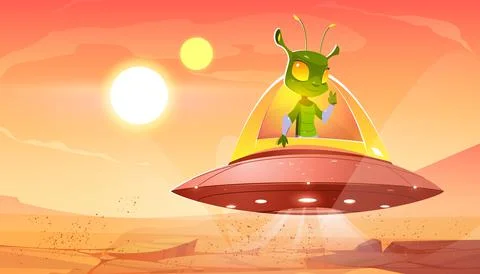 Funny alien in spaceship hover above Mars surface Stock Illustration