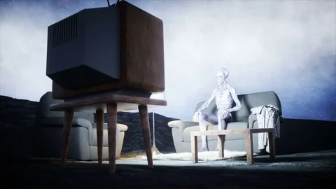 Funny alien watching TV on the sofa on the moon. Living on the moon concept. Stock Footage 81796791