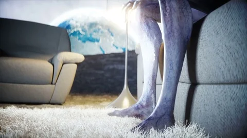Funny alien watching TV on the sofa on the moon. Living on the moon concept. Stock Footage 81798210
