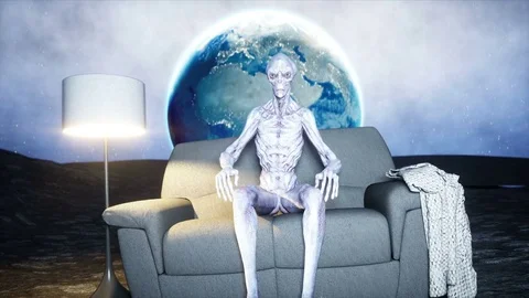 Funny alien watching TV on the sofa on the moon. Living on the moon concept. Stock Footage 81798738