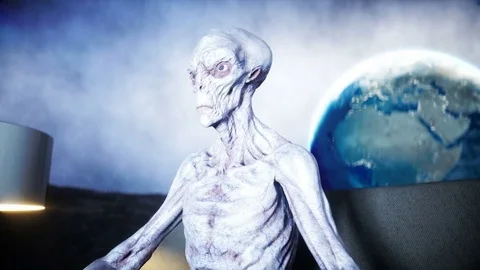 Funny alien watching TV on the sofa on the moon. Living on the moon concept. Stock Footage 81799169
