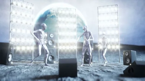 Funny aliens dancing on the moon. UFO concept. Earth on background. Space party. Stock Footage 81453234
