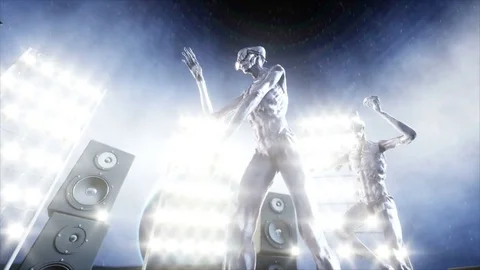 Funny aliens dancing on the moon. UFO concept. Earth on background. Space party. Stock Footage 81453752