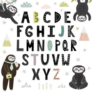 Funny alphabet with cute sloths. Abc for children Stock Illustration