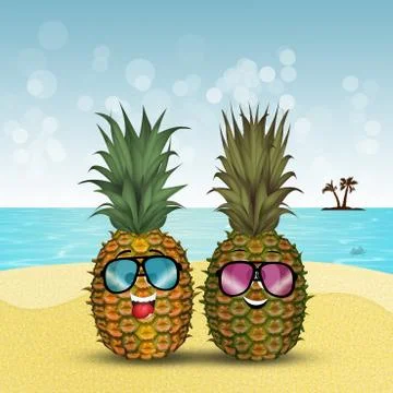 Funny ananas with sunglasses on the beach Stock Illustration