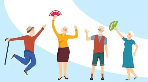 Funny and cheerful elderly. Elderly people have fun and dance. Grandparents. Stock Illustration
