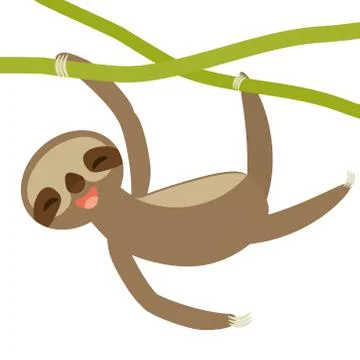Funny and cute smiling Three-toed sloth on green branch, isolated white backg Stock Illustration