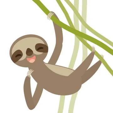 Funny and cute smiling Three-toed sloth on green branch, isolated white backg Stock Illustration