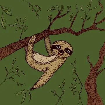 Funny and cute smiling Three-toed sloth wink on branch brown green beige colo Stock Illustration