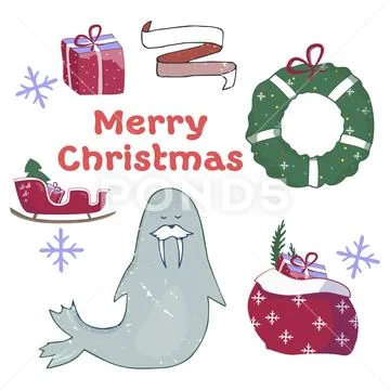 Funny and cute WARLUS Christmas Tree. Merry Christmas and Happy New year card Stock Illustrationen
