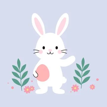 Funny and cute white easter bunny with eaggs and flowers. Stock Illustration