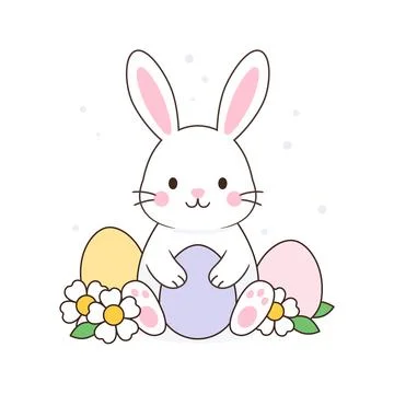 Funny and cute white easter bunny with eaggs and flowers. Stock Illustration