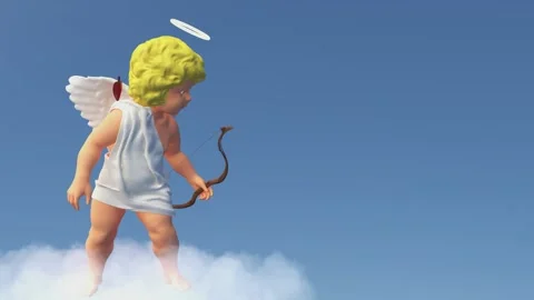 Funny angel cupid with wings dancing on a cloud on blue background and shooting Stock Footage 263324708