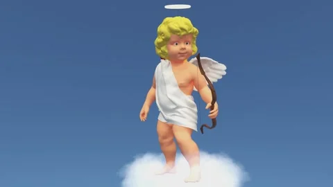 Funny angel cupid with wings dancing on a cloud on blue background and shooting Stock Footage 263969554