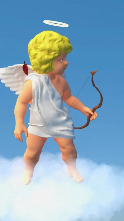 Funny angel cupid with wings dancing on a cloud on blue background and shooting  Stock Footage 311057504