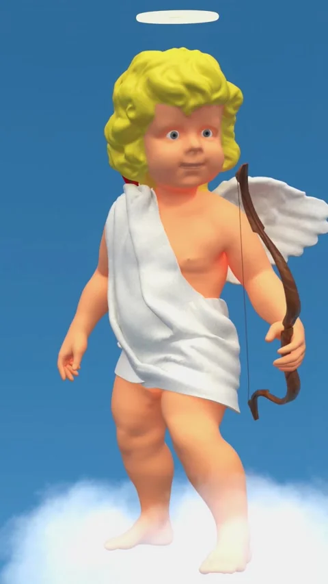 Funny angel cupid with wings dancing on a cloud on blue background and shooting  Stock Footage 311057514