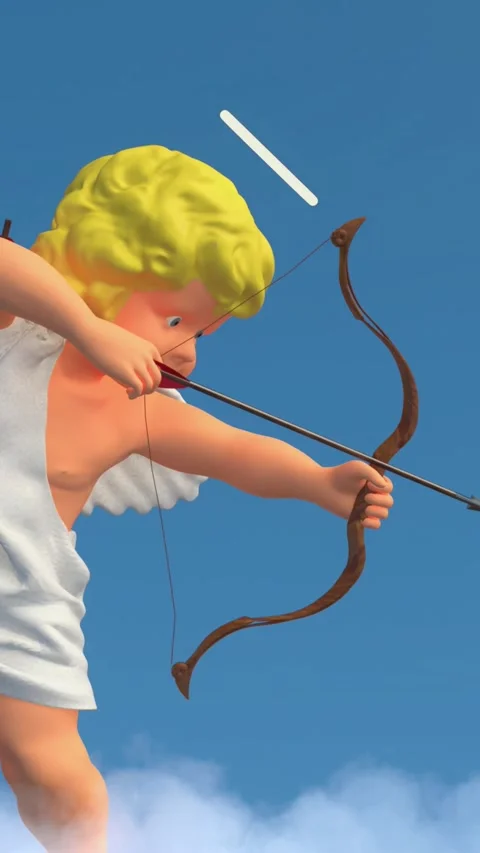 Funny angel cupid with wings dancing on a cloud on blue background and shooting  Stock Footage 311057518