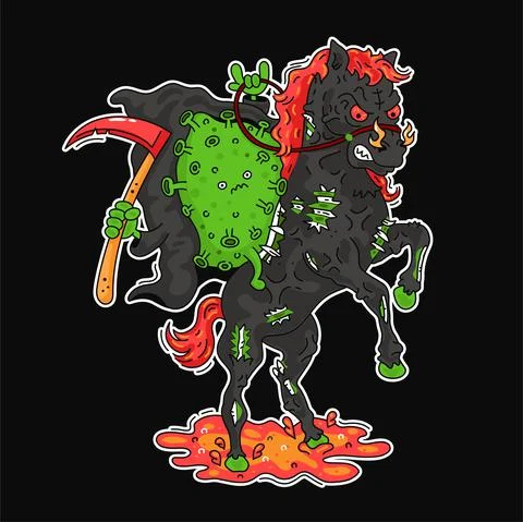 Funny angry corona virus ride on hell horse. Vector line cartoon character Stock Illustration