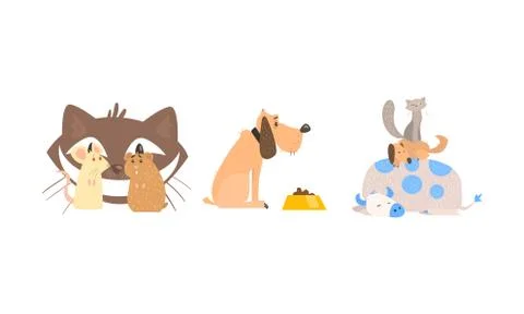 Funny animal characters in different situations, cat and mice, dog, sleeping Stock Illustration