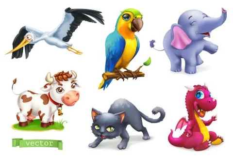 Funny animals. 3d vector icon set. Stork, parrot, elephant, cow, cat, dragon イラスト素材