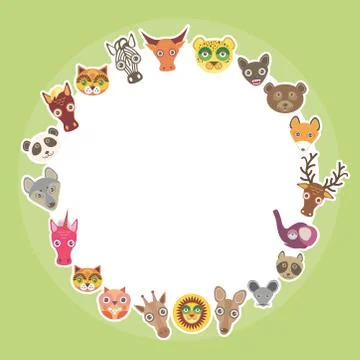 Funny Animals card template. White circle on light green background. Vector Stock Illustration