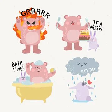 Funny animals doing various activities hand drawn stickers Stock Illustration