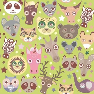 Funny animals muzzle seamless pattern, Green background with stars. Vector Stock Illustration