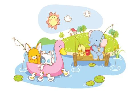Funny animals playing in the river Stock Illustration