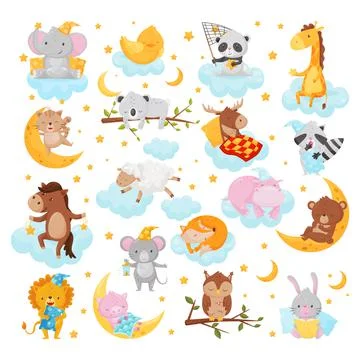 Funny Animals Sleeping on Soft Fluffy Cloud and Crescent Having Bedtime Vector Stock Illustration