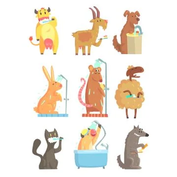 Funny animals taking a shower and washing, set for label design. Hygiene and イラスト素材