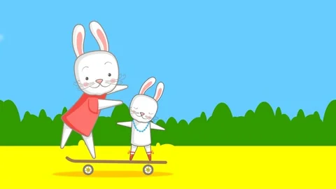 Funny animals, two cute bunnies skate. Animation in cartoon style Stock Footage 207661376