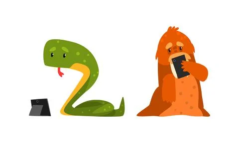 Funny Animals Using Modern Gadgets Set, Snake Working with Tablet, Walrus Making Stock Illustration
