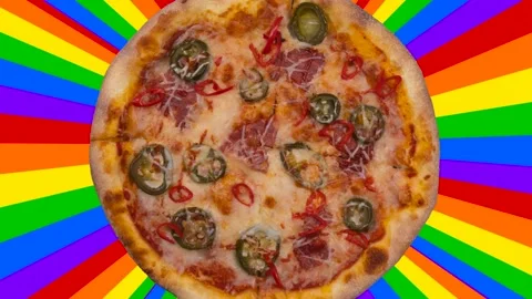 Funny animation with rotating scaling pizza on rainbow colored background Stock Footage 236759610