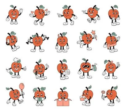 Funny apple character set in retro cartoon style Stock Illustration