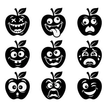 Funny Apple Face Expressions Set Silhouette Vector Illustration 库存插图