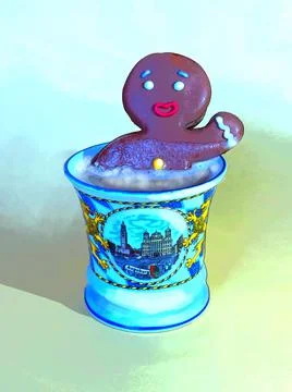 Funny art of a smiling gingerbread man, taking a cappuccino bath in a cup Stock Illustration