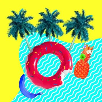 Funny artwork. Creative composition with palms, fruit and swimming circle Stock Photos