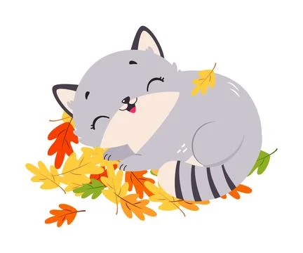 Funny Autumn Grey Cat Cuddle in Foliage Vector Illustration Illustrazione stock