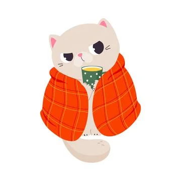 Funny Autumn Grumpy Cat Wrapped in Red Blanket Drink Hot Tea Vector Illustration イラスト素材