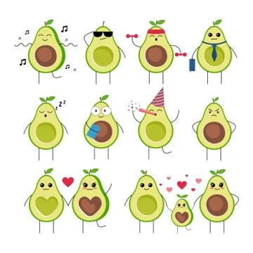 Funny avocado characters with different emotions set Stock Illustration