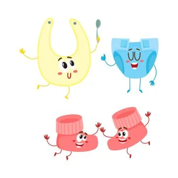 Funny baby booties, diaper, bib characters, infant clothes, child care Stock Illustration