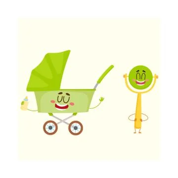 Funny baby cart, stroller, buggy and rattle character, newborn accessories Stock Illustration